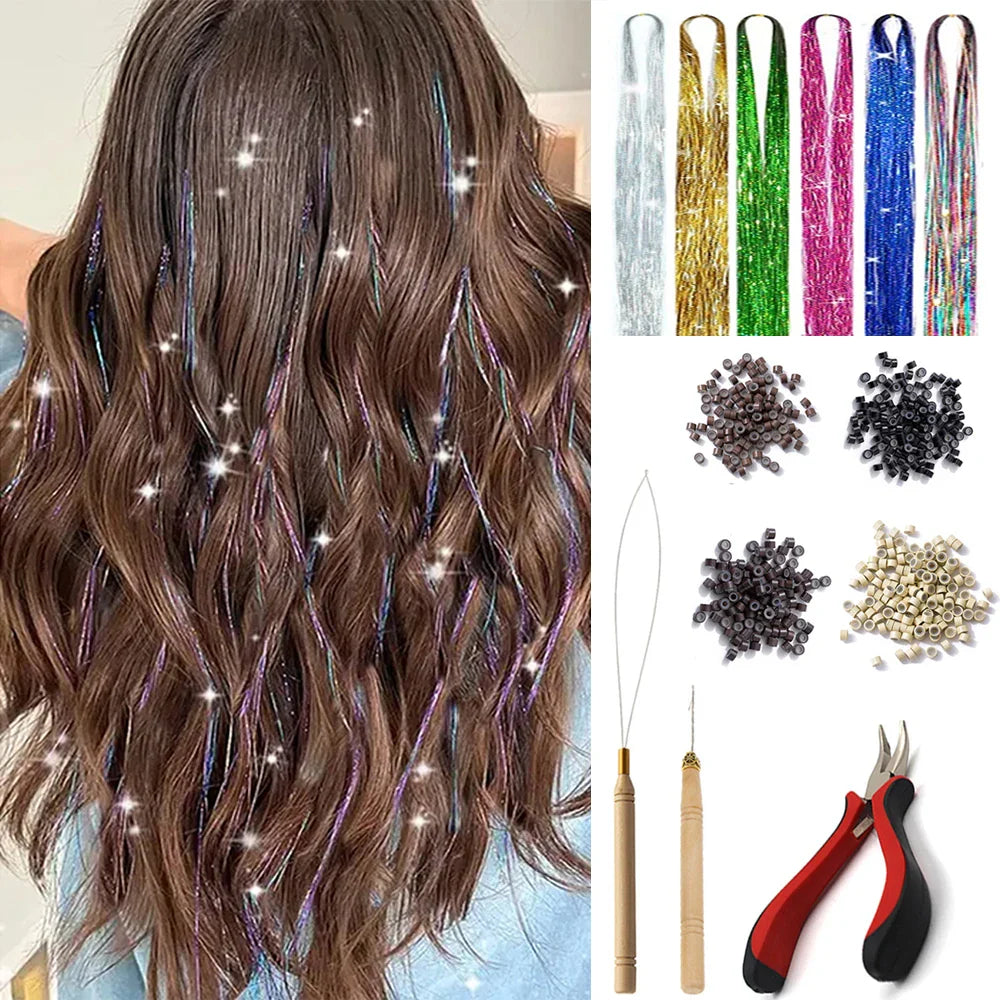48 Inch Synthetic Hair Tinsel Kit 12 Colors Sparkling Extensions