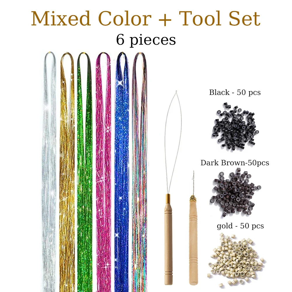 48 Inch Synthetic Hair Tinsel Kit 12 Colors Sparkling Extensions