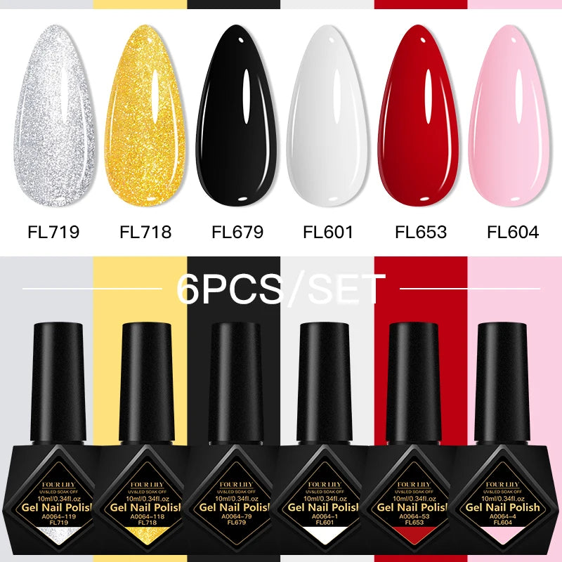 6Pcs/Set 10ML Gel Nail Polish Set Bright Pink Glitter Semi Permanent Soak Off UV LED Gel Varnish Nail Art Design Manicure Kit