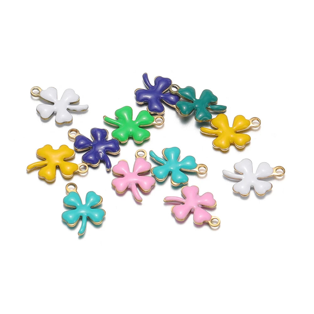 20pcs Stainless Steel Enamel Clover Flower Charms Lucky Pendants DIY Women Jewelry Making for Necklaces Bracelets Accessories