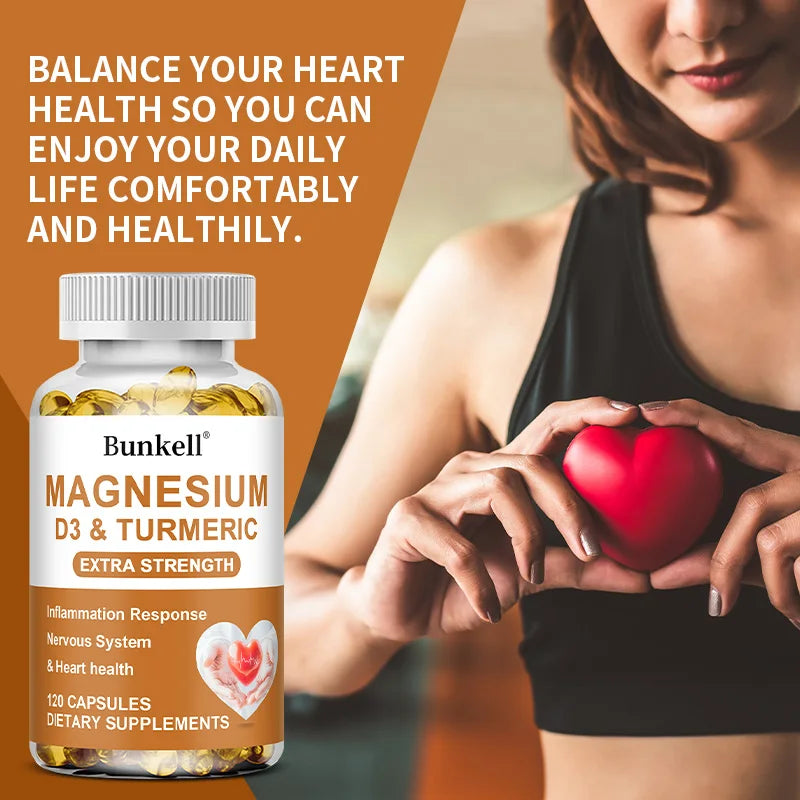 Magnesium Supplement with Turmeric, Vitamin D3 for Immune Support, Muscle Recovery, Nervous Helath, Antioxidant, 120 Capsules