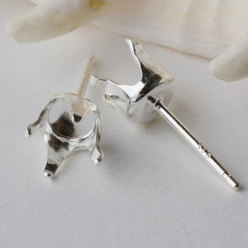 Solid 925 Sterling Silver Snaptite Stud Earring Post 4 Prongs Snap in Setting for Round Stones and Crystals ,1pair
