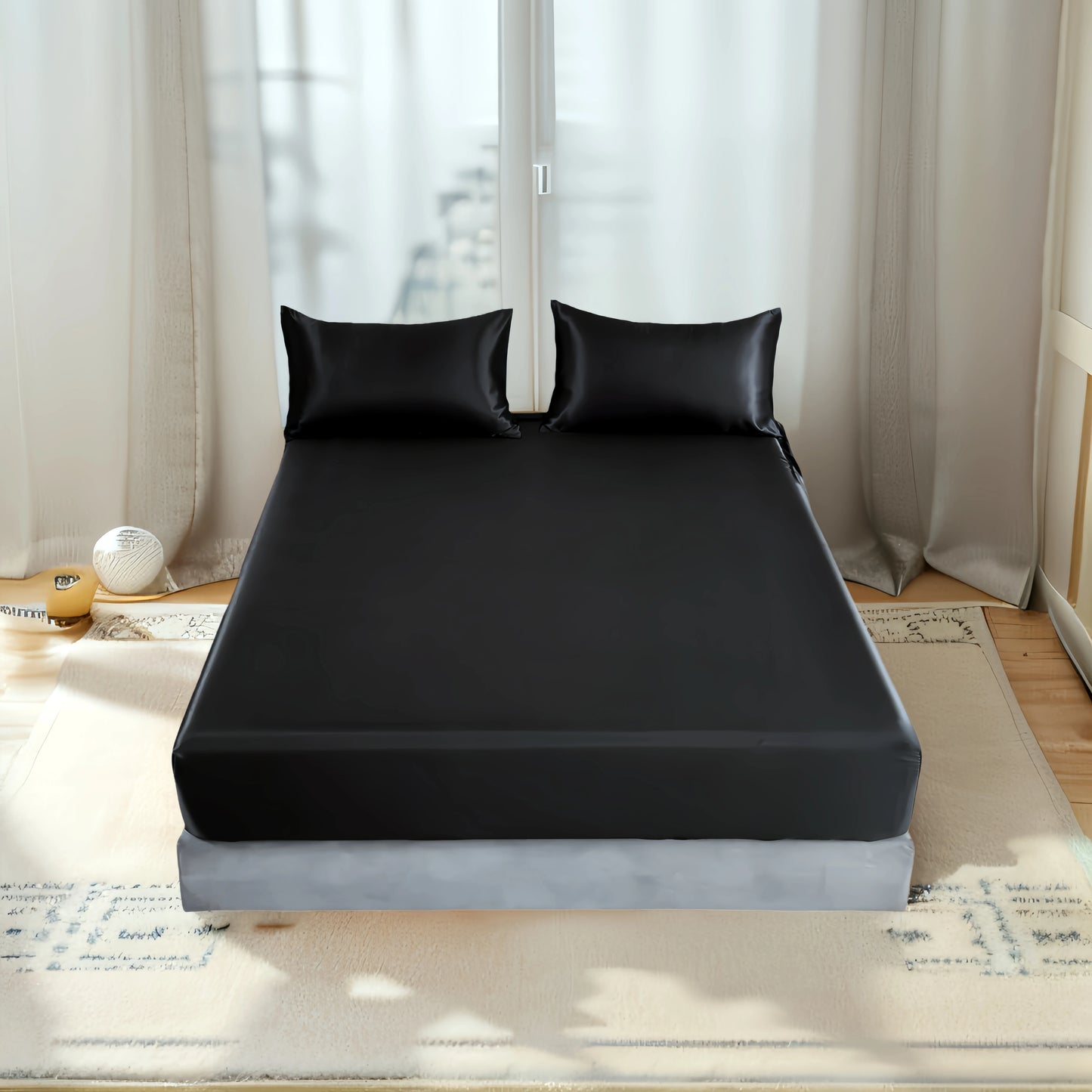 Kuup 3pc Satin luxury Solid Color Bed Fitted Sheet and Pillowcase Upscale Adjustable Mattress Covers 4 Corners With Elastic Band