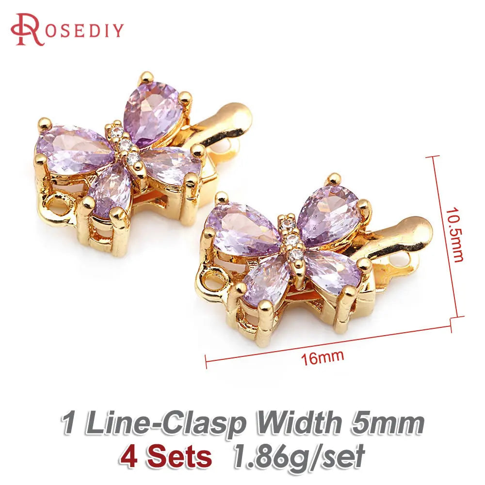 4 Sets 18K Gold Color Brass and Zircon Butterfly 1 Line and 2 Line Necklaces Connect Clasps Diy Jewelry Making Accessories