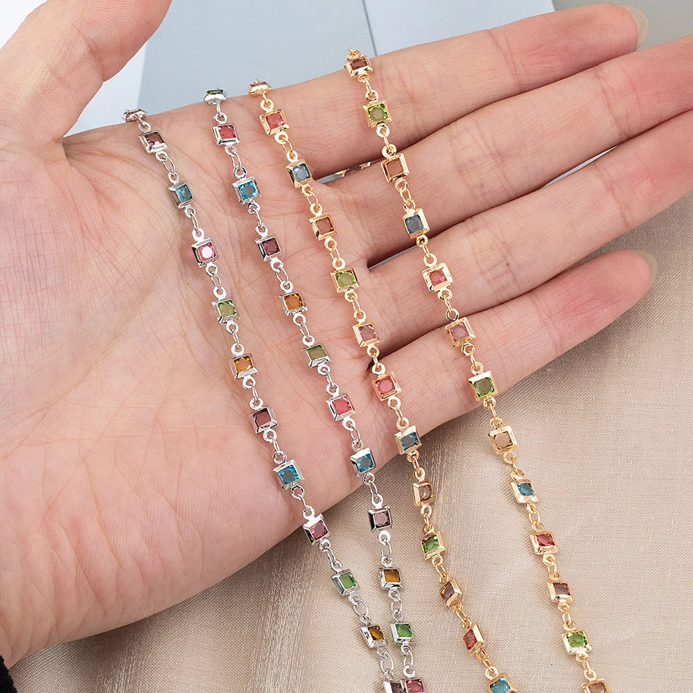 1 Meter Bohemian Square Crystal Bead Copper Chain for DIY Necklace Bracelet Jewelry Making Supplies