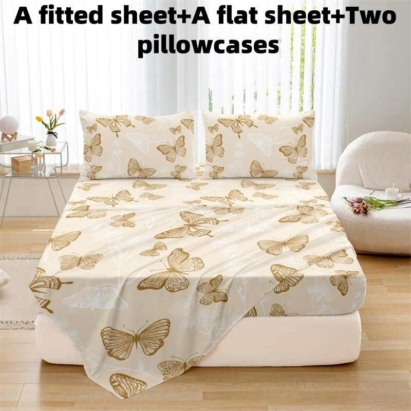 4pcs Butterfly brushed Fitted sheet+flat sheet+pillowcase set skin friendly breathable Queen Size Flat bed sheet Pillowcases