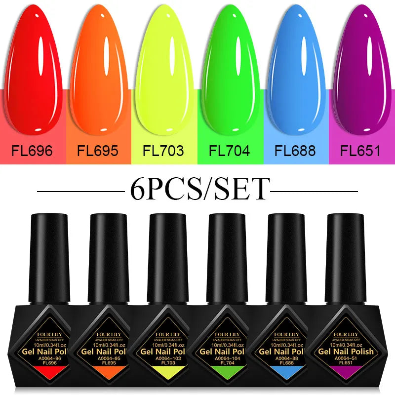 6Pcs/Set 10ML Gel Nail Polish Set Bright Pink Glitter Semi Permanent Soak Off UV LED Gel Varnish Nail Art Design Manicure Kit
