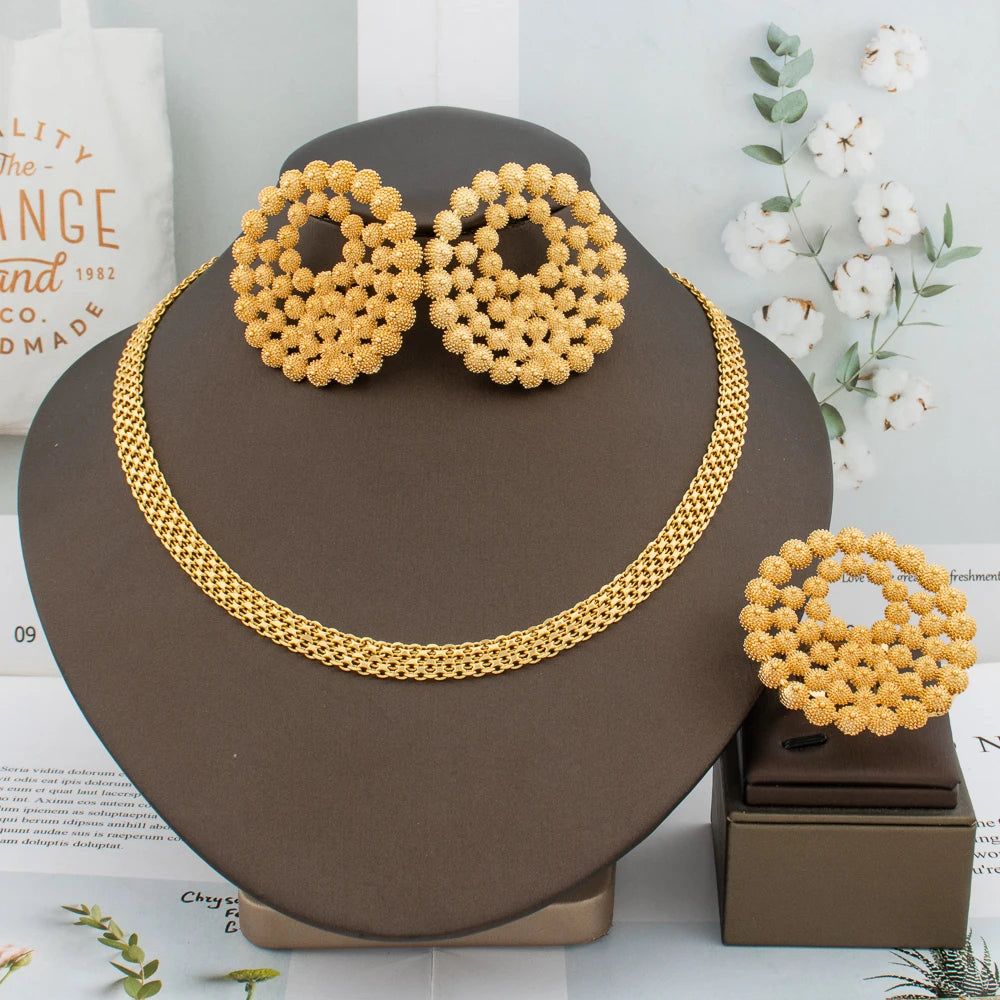 Luxury Handmade Big Earrings Ring Set 18K Gold Plated Dubai Chain Wedding Jewelry Bridal Accessory Arab Turkis Earrings Women