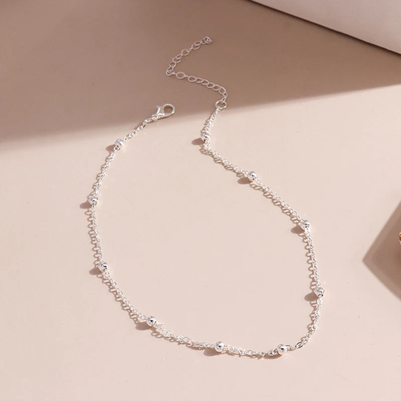 Aihua Simple Copper Beads Chain Choker Necklace for Women Men Kpop Fashion Silver Color Small Ball Short Clavicle Chain Necklace