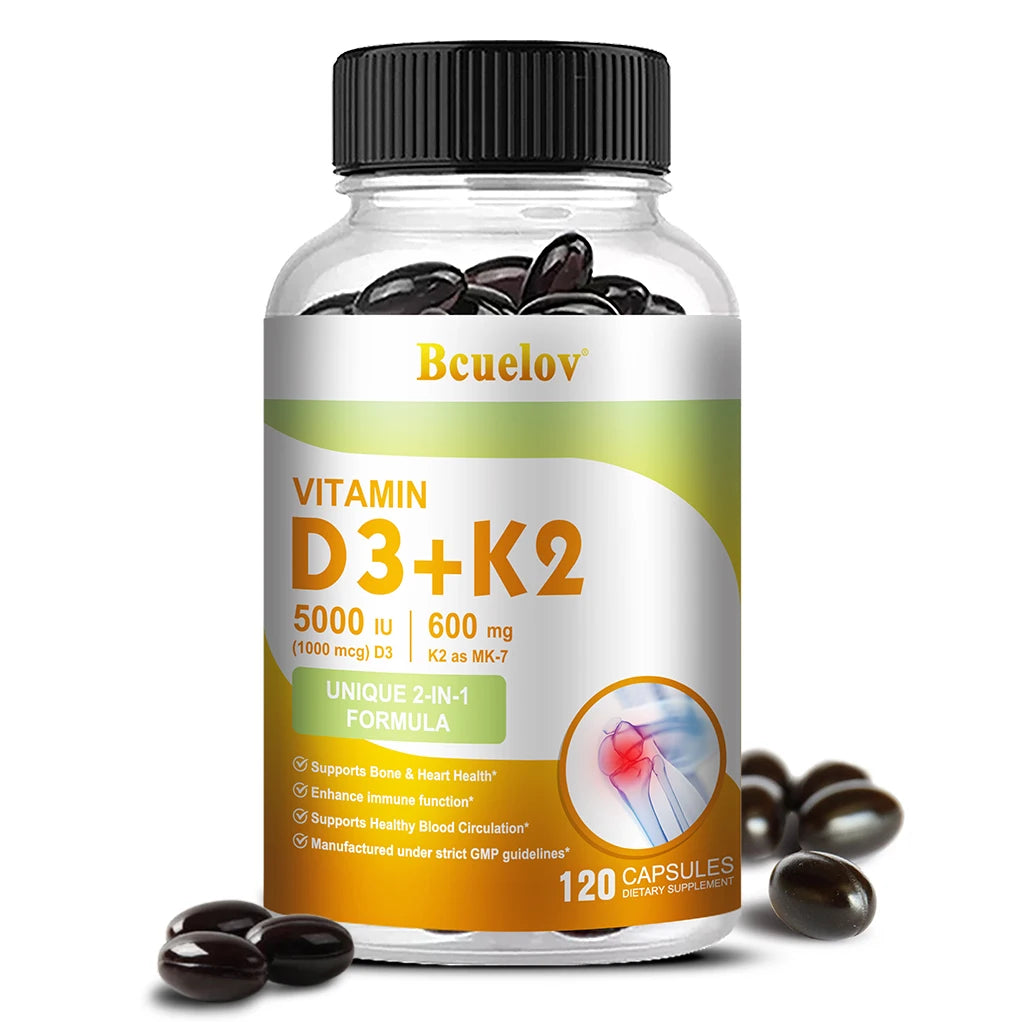 Bcuelov Vitamin D3+K2, 5000 IU Vitamin D3, non-GMO formula, easy-to-swallow vitamin D and K complex dietary supplement
