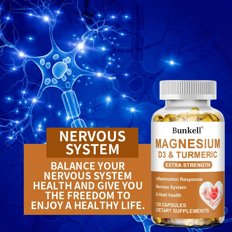 Magnesium Supplement with Turmeric, Vitamin D3 for Immune Support, Muscle Recovery, Nervous Helath, Antioxidant, 120 Capsules