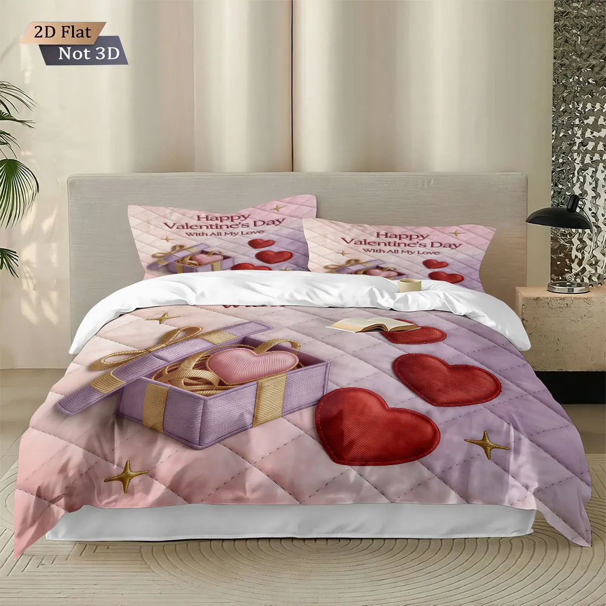 3pcs Valentine's Day Romantic Love Printed Coreless Down Duvet Cover Set Comfortable Bedroom Bedding Decoration Machine Washable
