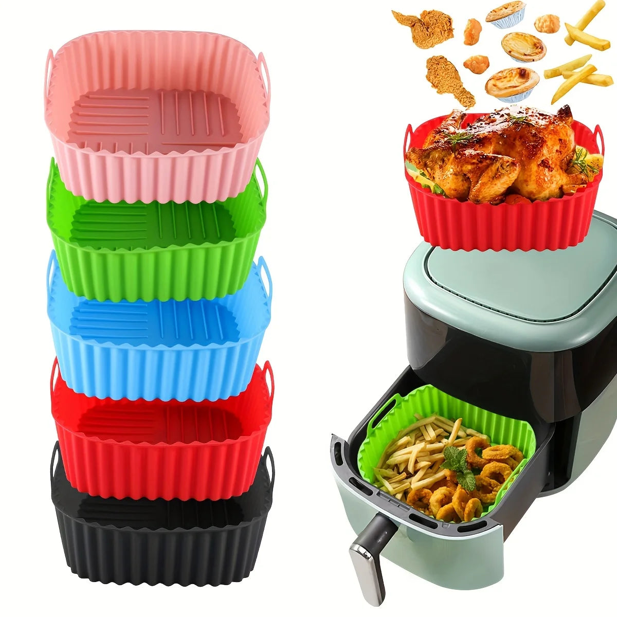 1 square silicone air fryer liner is reusable and can be used for dishwasher cleaning, ovens, baking tools, and kitchen gadgets