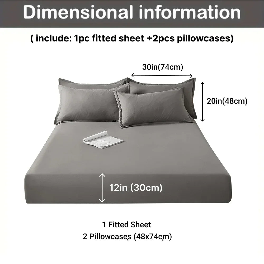 3pcs Cotton Fitted Bed Sheet Set (1 Fitted Sheet + 2 Pillowcases) Breathable Soft Mattress Cover with Pillow Cover Bedding Set