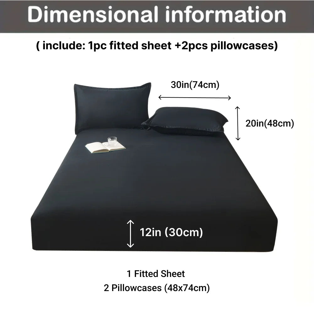 3pcs Cotton Fitted Bed Sheet Set (1 Fitted Sheet + 2 Pillowcases) Breathable Soft Mattress Cover with Pillow Cover Bedding Set