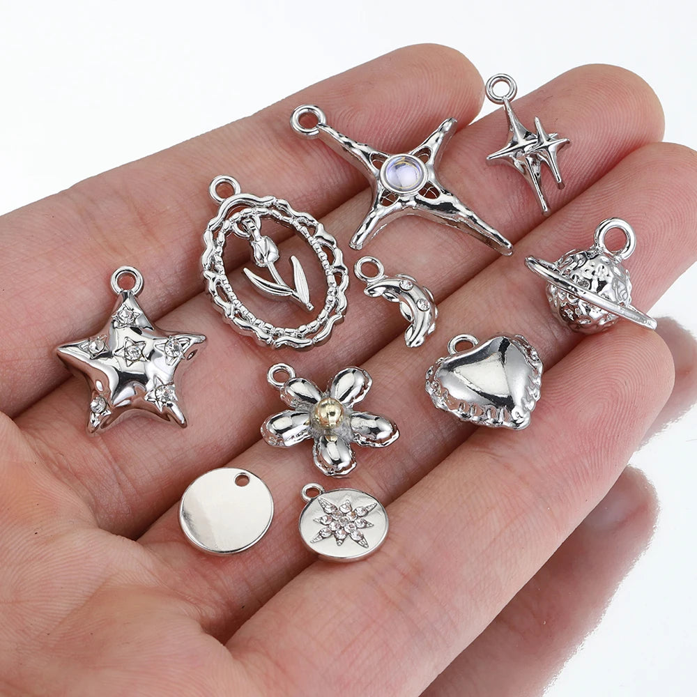 2pcs Rhinestone Chrams Silver Color Crystal Beads Pendants Y2K Style Jewelry Making Accessories Charms for DIY Necklace Bracelet