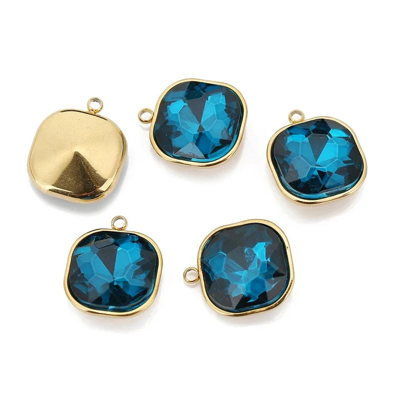 5pcs/lot Stainless Steel Square Pendant Rectangle Faceted Glass Crystal Charms for Bracelets Earring Necklace Jewelry Making