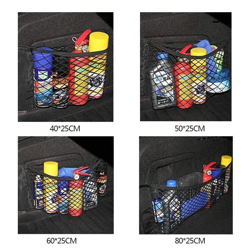 Car Storage Net Stretchable Mesh Pocket Net Magic Elastic Sticker Universal Rear Mesh Trunk Seat Bag Pocket Cage Auto Organizer