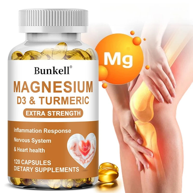 Magnesium Supplement with Turmeric, Vitamin D3 for Immune Support, Muscle Recovery, Nervous Helath, Antioxidant, 120 Capsules