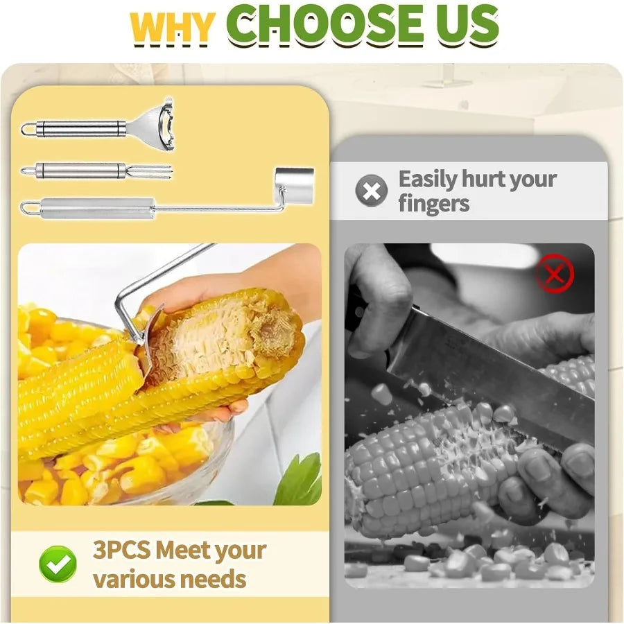 3PCS Corn Peeler Stainless Steel Multutiol Kitchen Grip Corn Planer- Easy to Use Durable Efficient Dishwasher Safe Gadgets for