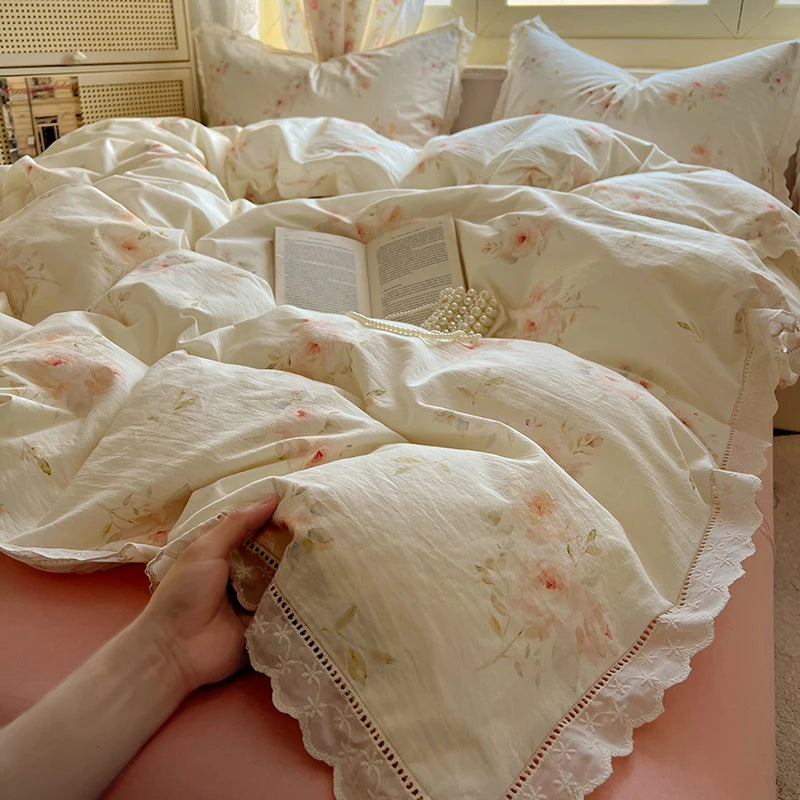Washed Cotton Duvet Cover Sets Single/Queen/king Flower Printed Bedding Set Princess Style e housse de couette 220x240 with Lace