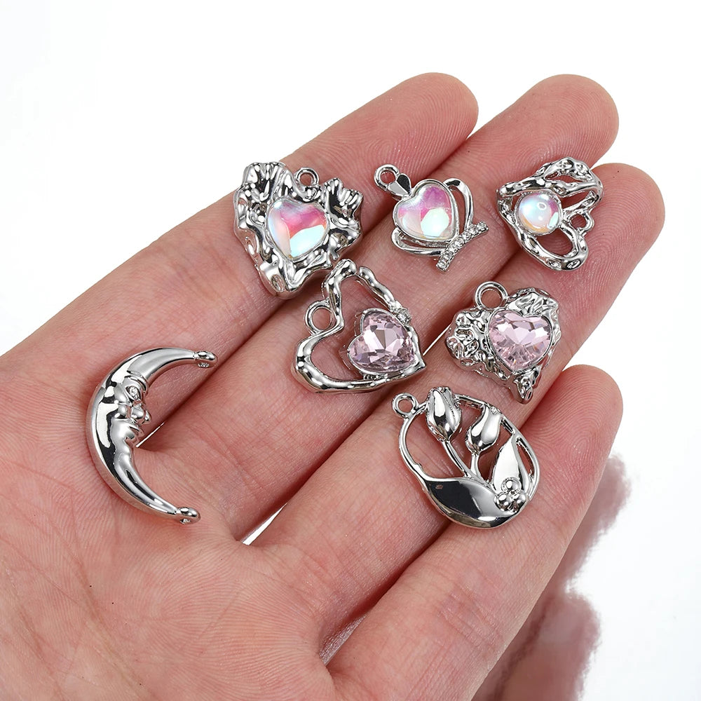 2pcs Rhinestone Chrams Silver Color Crystal Beads Pendants Y2K Style Jewelry Making Accessories Charms for DIY Necklace Bracelet