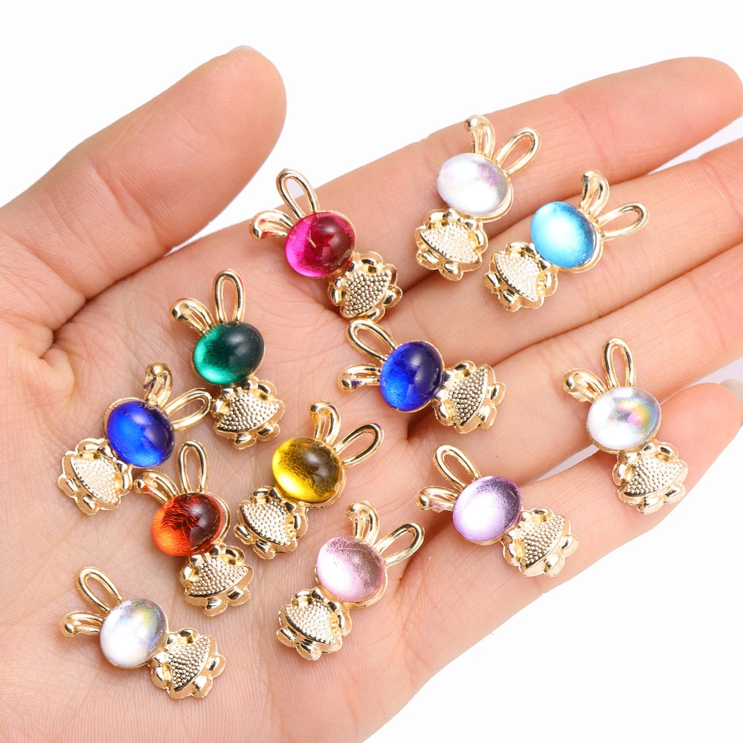 10Pcs Mix Multi Coloured Cartoon Crystal Rabbit Pendants Gold Color Metal Charms For Jewelry Making DIY Earrings Necklace Crafts
