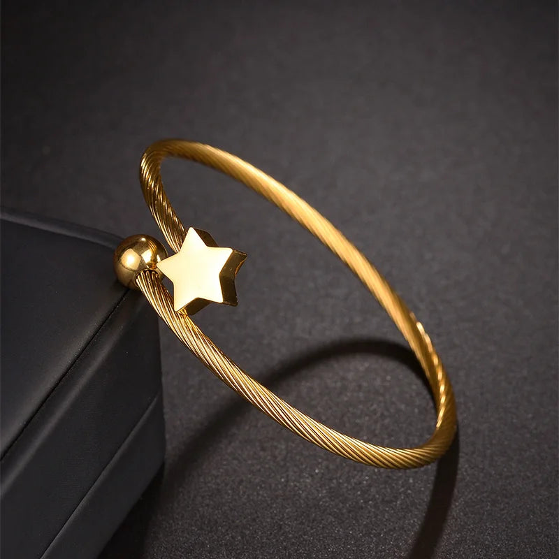 Fashion 2023 New Gold Color Star Charm Bangle For Women Stainless Steel Flower Circle Bracelet Girl Party Jewelry Gift