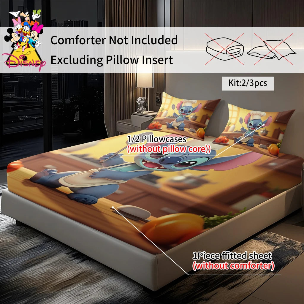 2/3pcs Disney Stitch Chef Fitted Sheet Set 100% Polyester Skin-Friendly & Breathable Bedding Comfortable Cute Soft