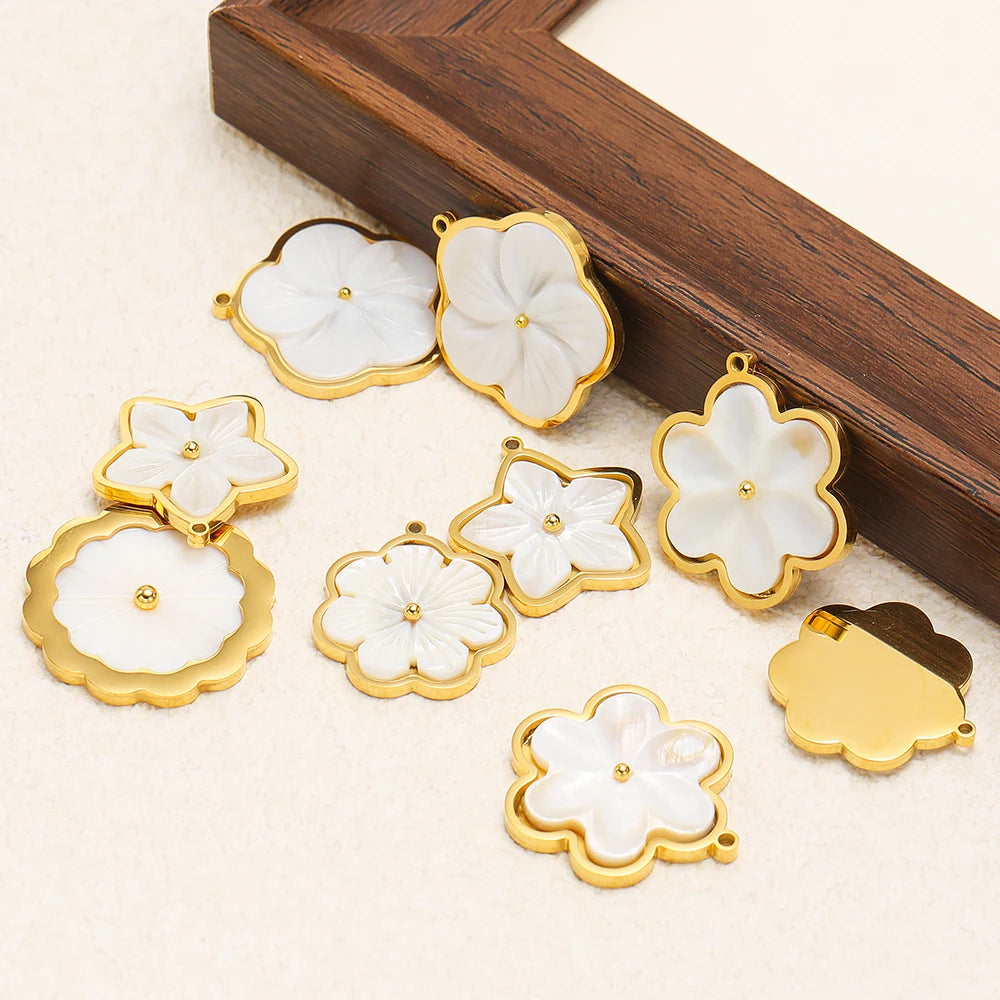 3pcs Stainless Steel Flowers Flat White Shell Charms for DIY Women Jewelry Necklace Findings Earrings Pendant Making Supplies