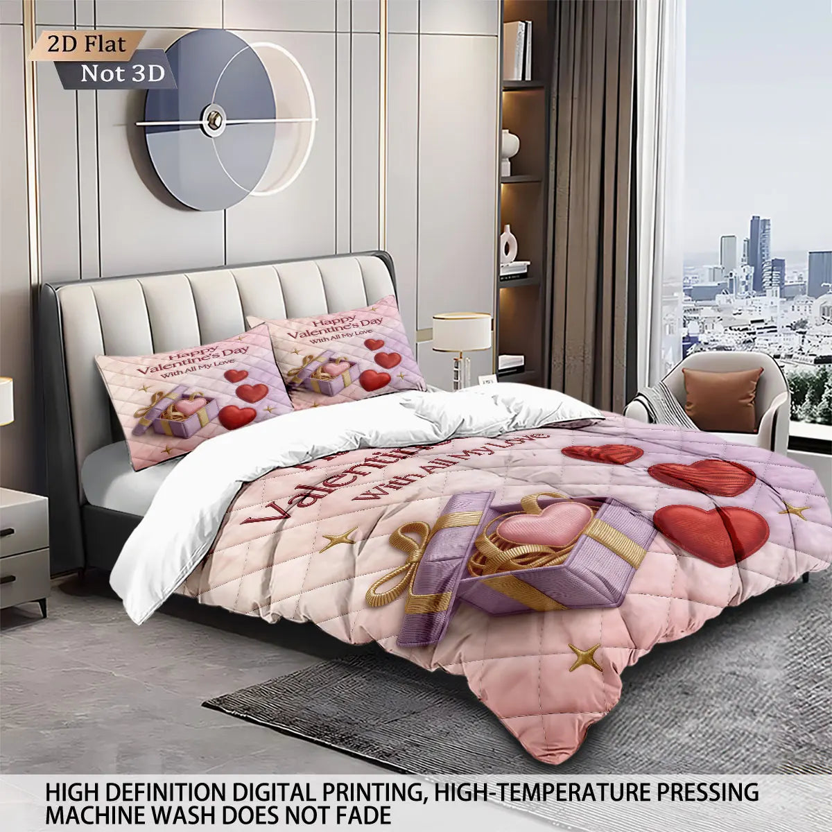 3pcs Valentine's Day Romantic Love Printed Coreless Down Duvet Cover Set Comfortable Bedroom Bedding Decoration Machine Washable
