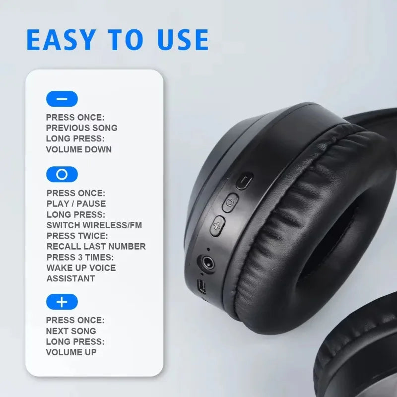 Wireless Bluetooth 5.3 Headphones Over Ear HIFI Stereo Headsets True Sport Gamer Earphone TF/AUX Music Player with HD Mic