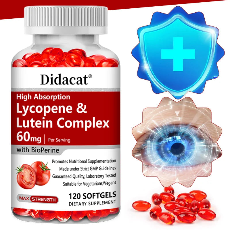 Lycopene + Lutein Complex 60mg with Bioperine, Dietary Supplement for Prostate, Heart & Eyes Health, Antioxidant, Non-GMO