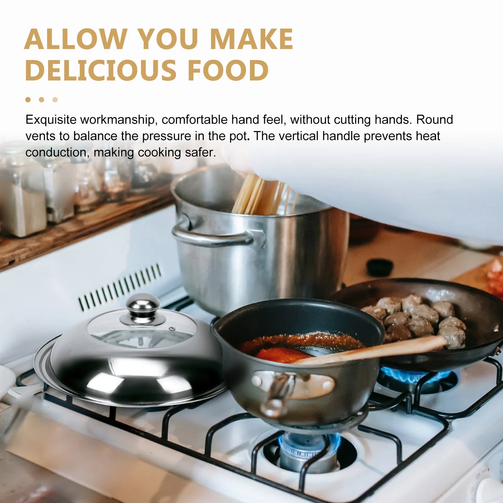 Stainless Steel Pot Lid With Clear Tempered Glass Cover Anti-Scald Vent Universal Fit For Cookware Kitchen Gadget Cooking Pot