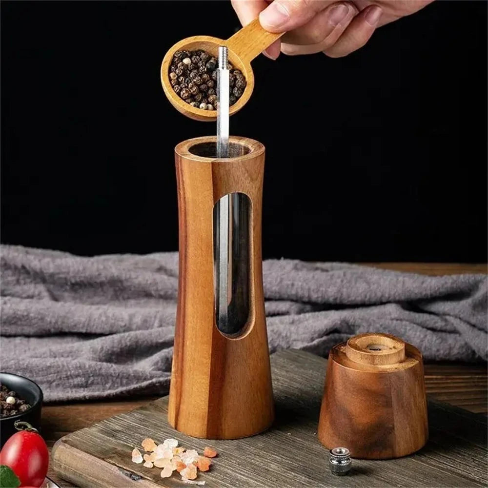 1/2PCS, Wooden Pepper Grinder Salt Pepper Mill Grinding Adjustable Spice Salt Grinder Kitchen Cooking Tools Kitchen Stuff
