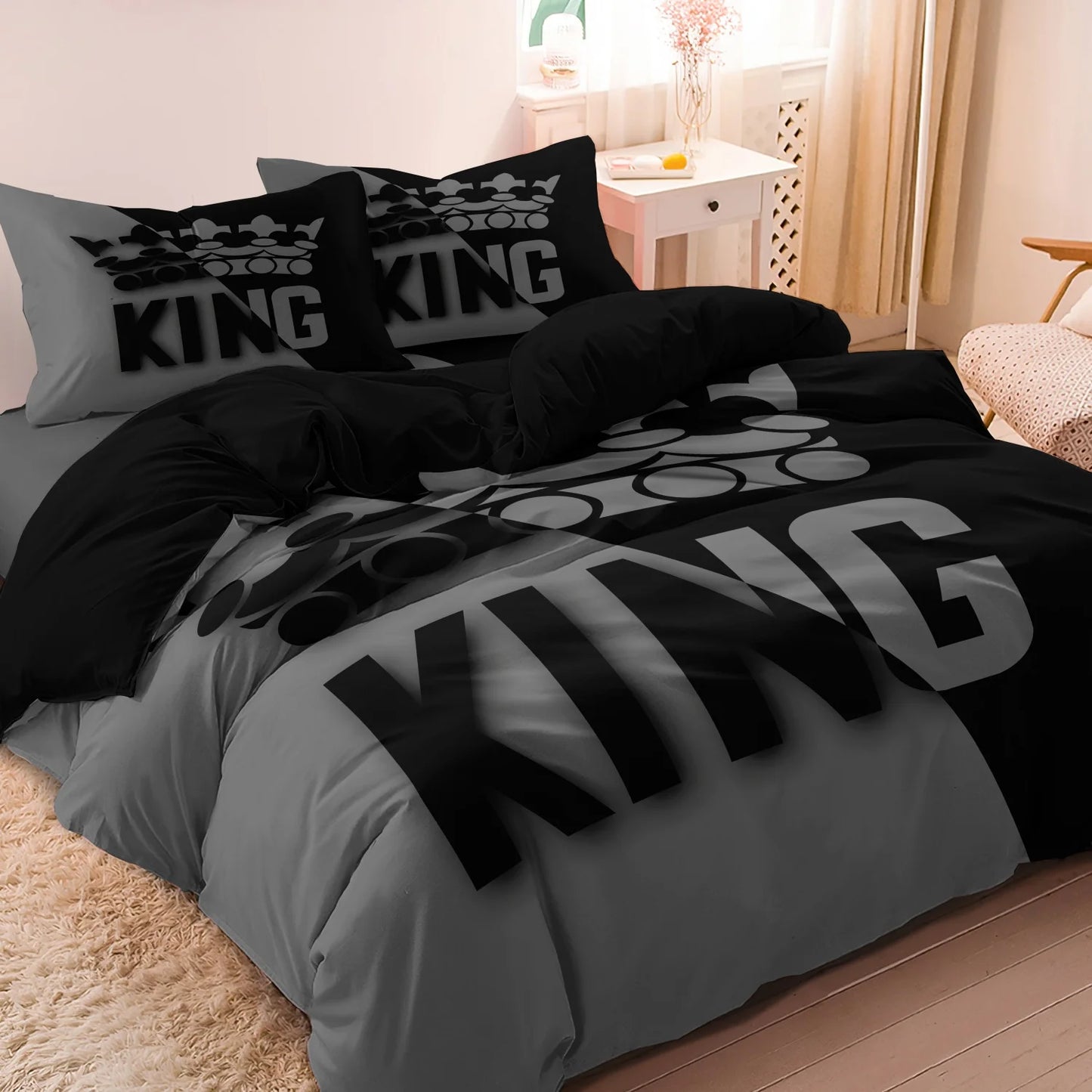 Grey and Black King Size Bed Pattern Down Duvet Cover Set, Soft and Comfortable Bedroom and Dormitory Decoration Bedding Set