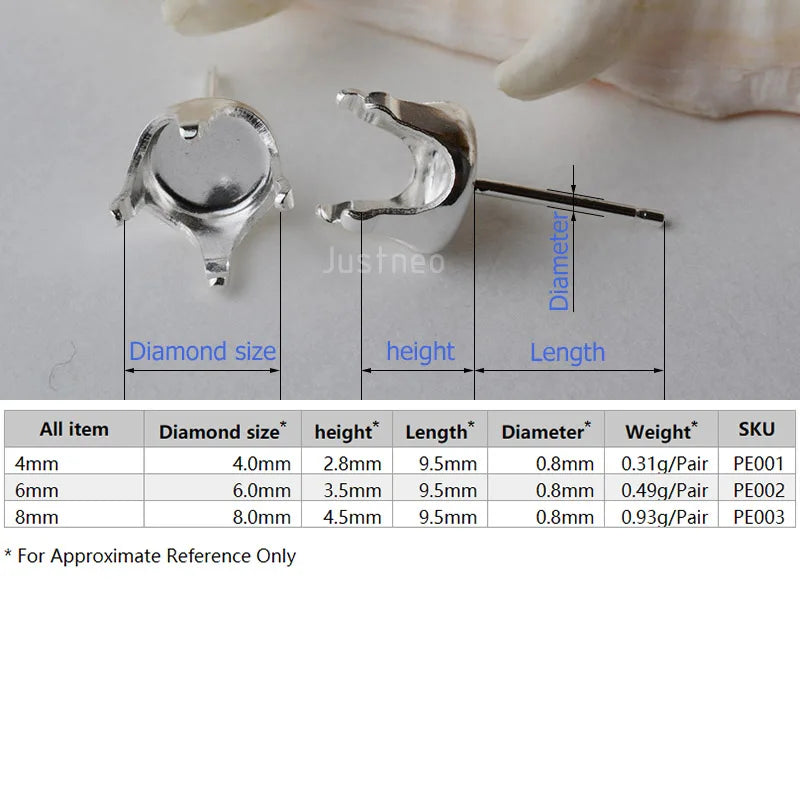 Solid 925 Sterling Silver Snaptite Stud Earring Post 4 Prongs Snap in Setting for Round Stones and Crystals ,1pair