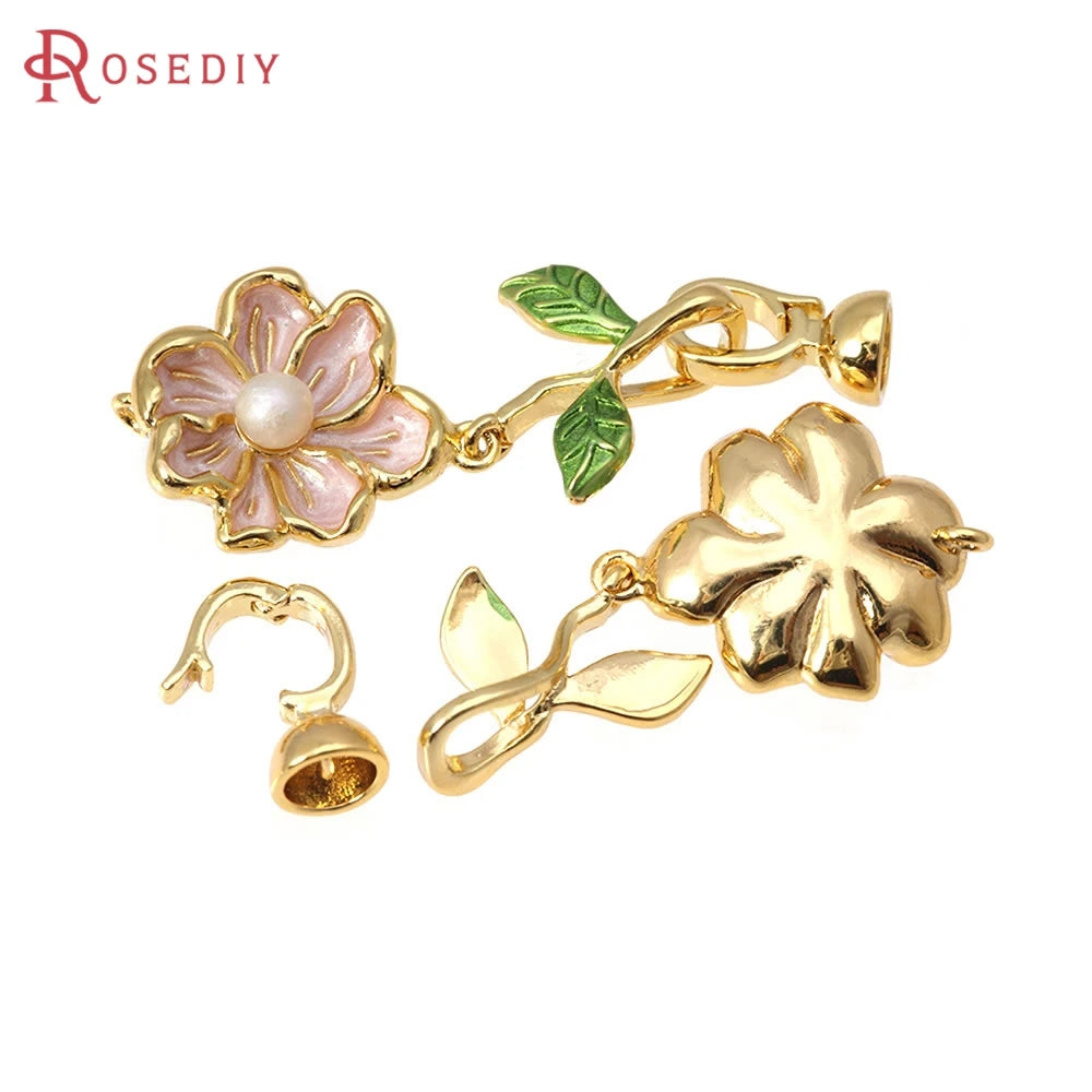2 Sets 18K Gold Color Brass with Oil Paintings Plastic Imitation Pearls Flower Connect Clasps for Leather Rope Jewelry Making
