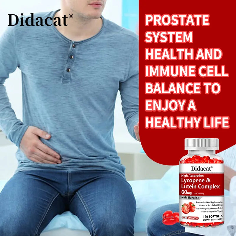 Lycopene + Lutein Complex 60mg with Bioperine, Dietary Supplement for Prostate, Heart & Eyes Health, Antioxidant, Non-GMO