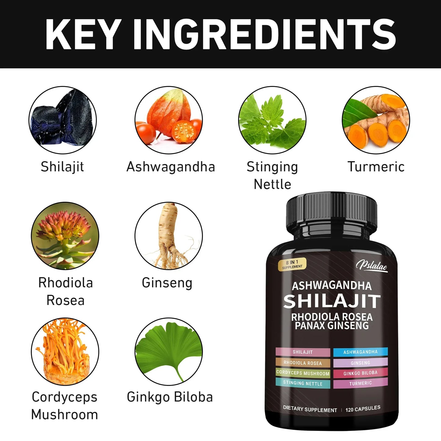 Shilajit, Ashwagandha, Rhodiola Rosea, Panax Ginseng - Supports The Immune System, Relieves Stress, Improve Sleep - 120 Capsules