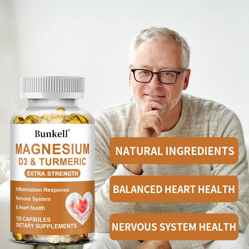 Magnesium Supplement with Turmeric, Vitamin D3 for Immune Support, Muscle Recovery, Nervous Helath, Antioxidant, 120 Capsules