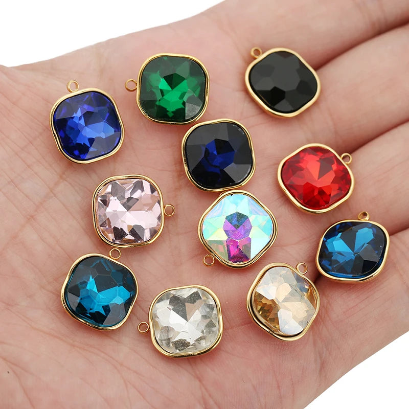 5pcs/lot Stainless Steel Square Pendant Rectangle Faceted Glass Crystal Charms for Bracelets Earring Necklace Jewelry Making