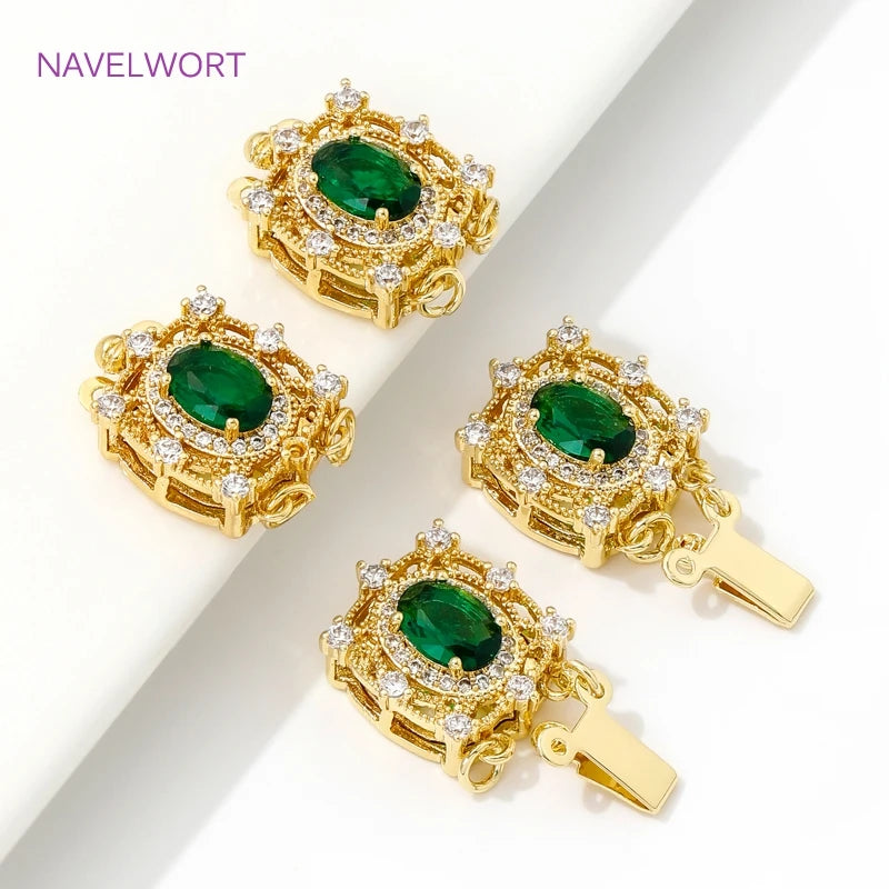 18K Gold Plated with Green Crystal Box Safety Clasp Brass Pearl Necklace Clasps Connector,For DIY Jewelry Making Accessories