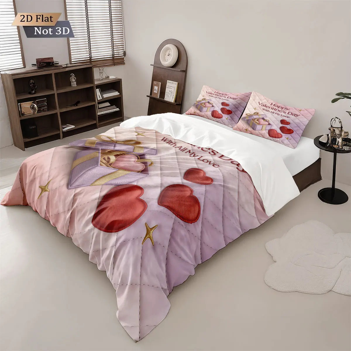 3pcs Valentine's Day Romantic Love Printed Coreless Down Duvet Cover Set Comfortable Bedroom Bedding Decoration Machine Washable