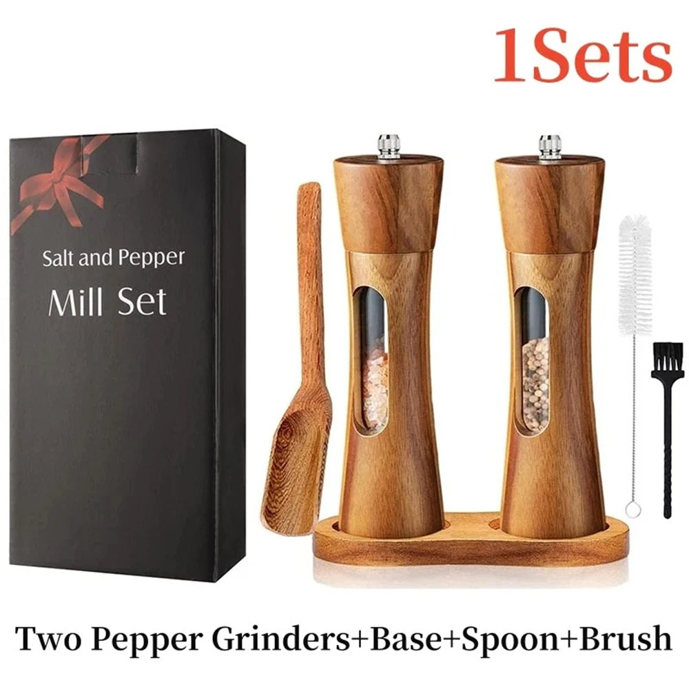 1/2PCS, Wooden Pepper Grinder Salt Pepper Mill Grinding Adjustable Spice Salt Grinder Kitchen Cooking Tools Kitchen Stuff