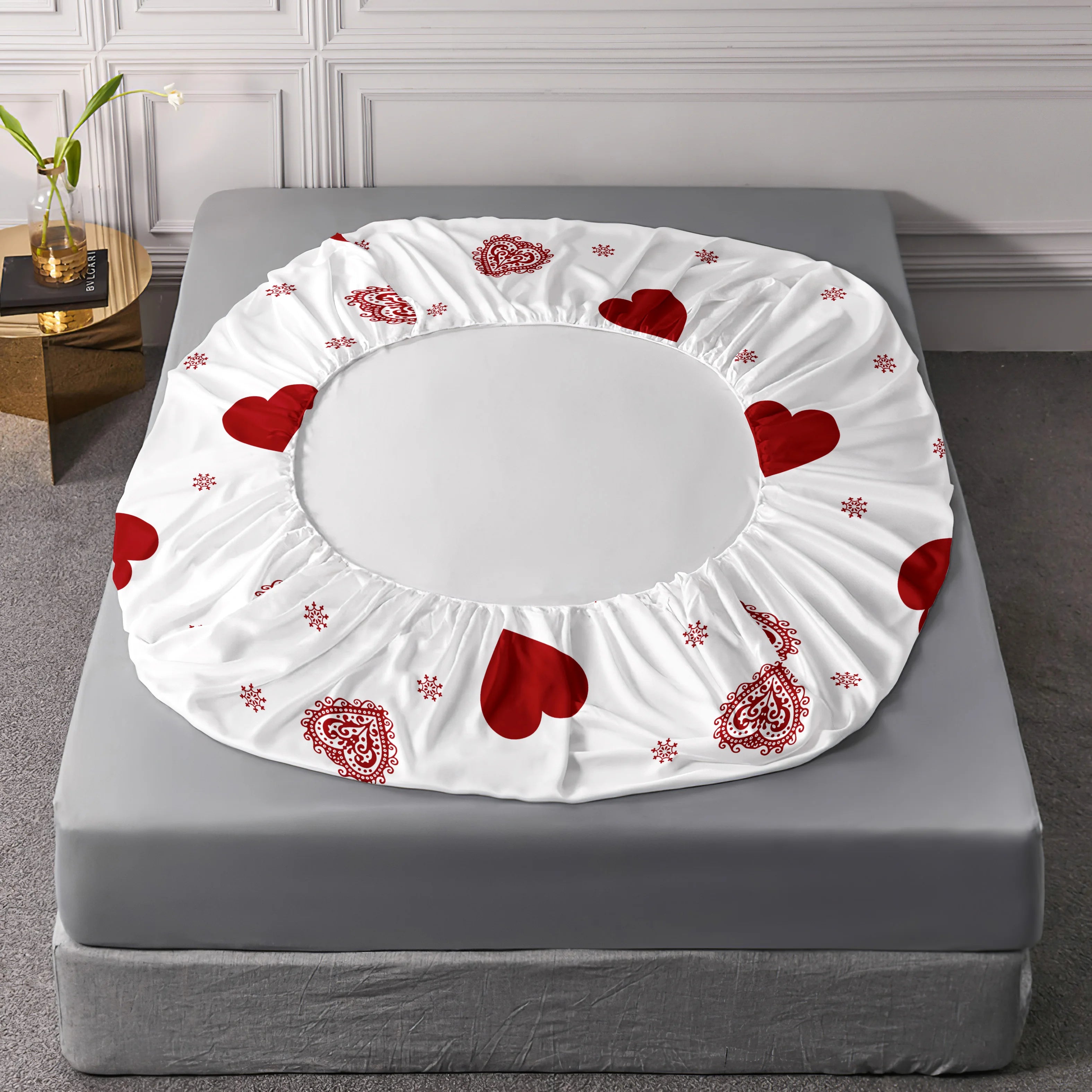 4pcs heart symbol brushed Fitted sheet+flat sheet+pillowcase set skin friendly breathable Queen Size Flat bed sheet Pillowcases