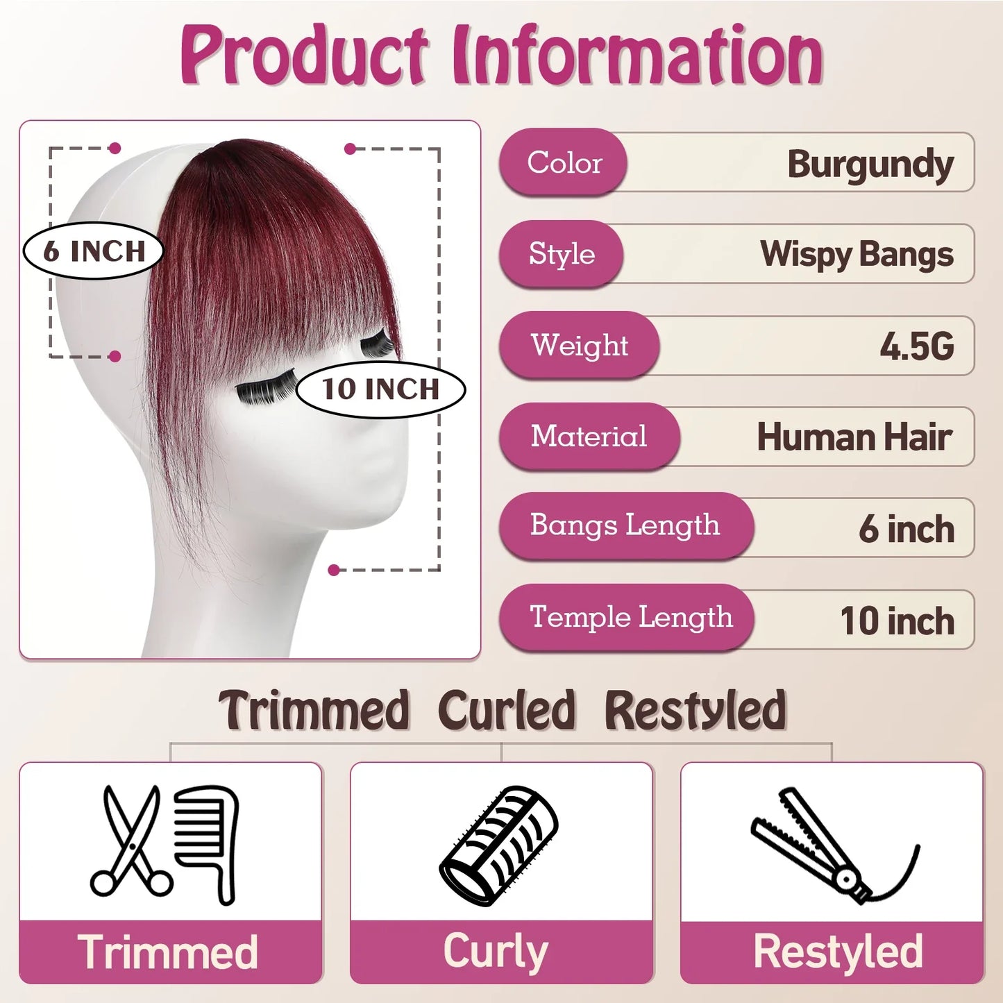 Burgundy Clip In Bangs 100% Real Human Hair Extensions