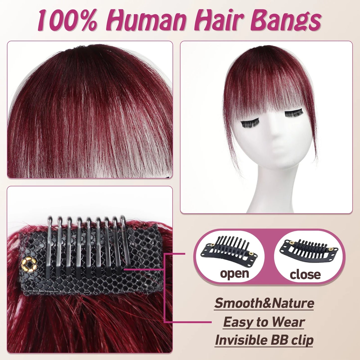Burgundy Clip In Bangs 100% Real Human Hair Extensions