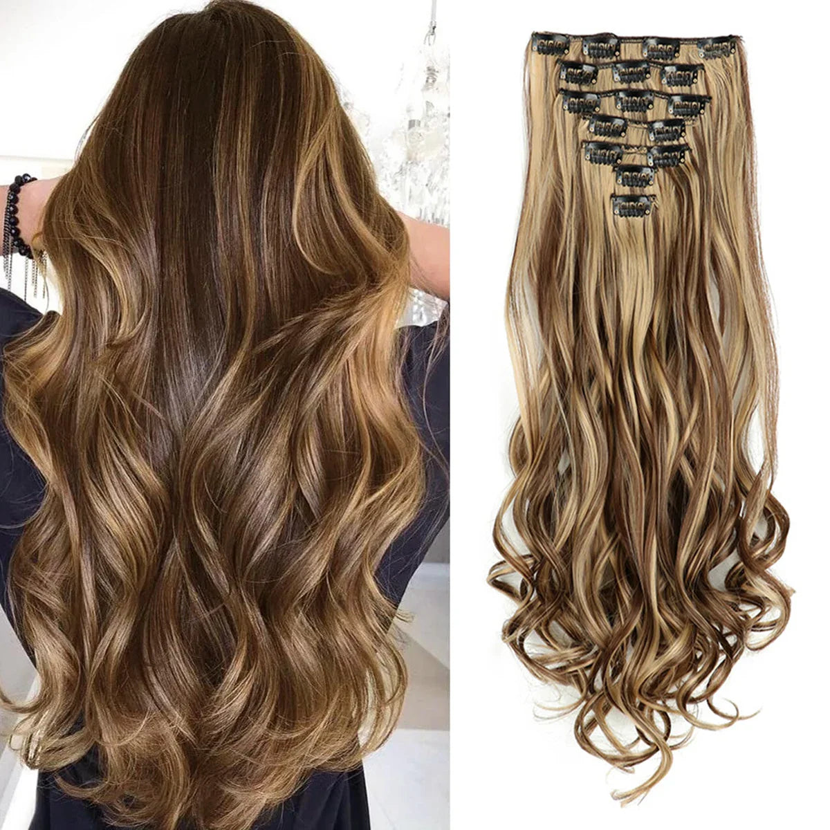 Clip In Hair Extensions 7 PCS 22 Inch Wavy Curly Synthetic Hair Pieces