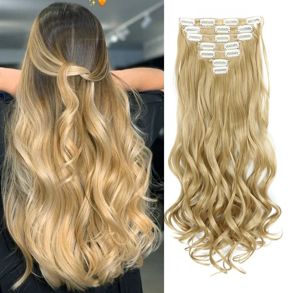 Clip In Hair Extensions 7 PCS 22 Inch Wavy Curly Synthetic Hair Pieces